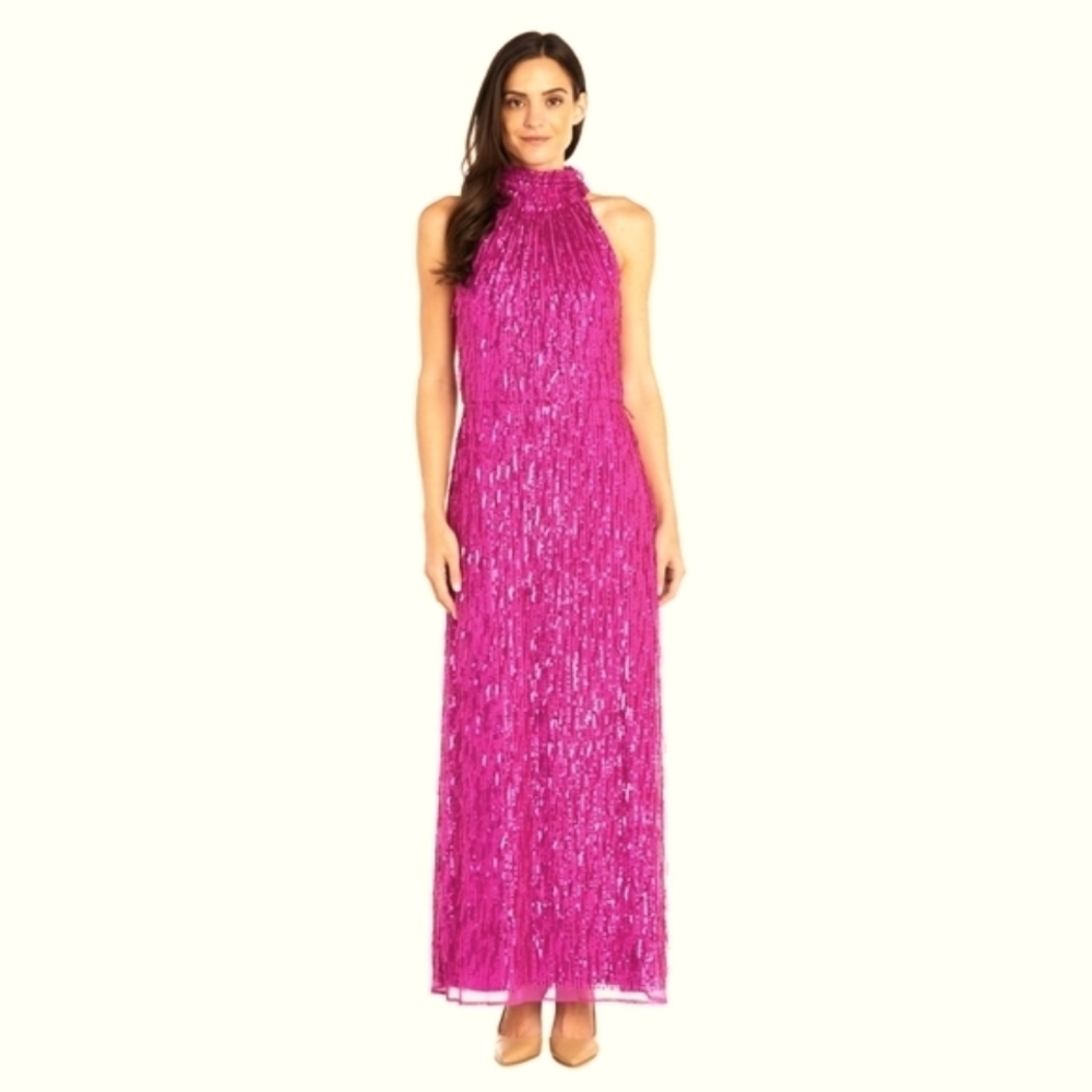 R & M Richards Hot Pink Sequin High-Neck Prom Gown